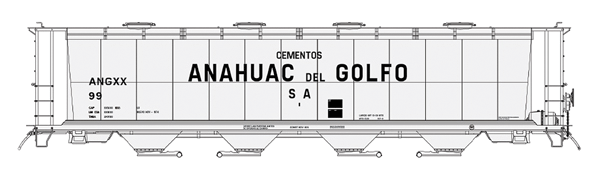 59' 4-Bay Cylindrical Covered Hopper w/Round Hatches - Ready to Run -- Cementos Anahuac del Golfo ANGXX (gray, black)