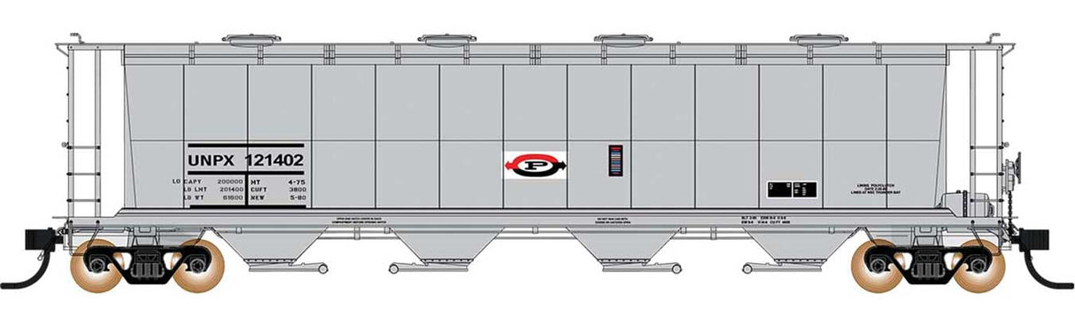 59' 4-Bay Cylindrical Covered Hopper w/Round Hatches - Ready to Run -- Procor Ltd. UNPX (gray, white, red, black)