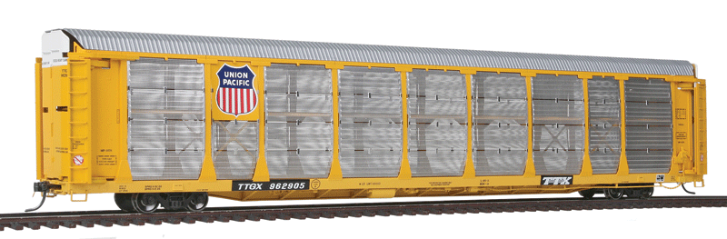 Bi-Level Auto Rack - Ready to Run -- Union Pacific Rack (Armour Yellow, Large Shield), TTX Flat (yellow)-1
