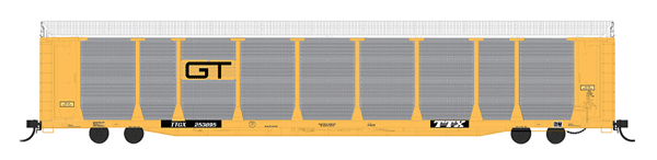 Bi-Level Auto Rack - Ready to Run -- Grand Trunk Western w/TTX Flat (yellow, white, black)
