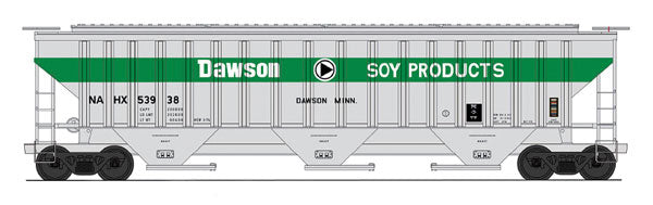4750 Cubic Foot 3-Bay 18 Rib Covered Hopper - Ready to Run -- Dawson Soy Products NAHX (gray, green, white, black)