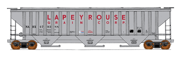 4750 Cubic Foot 3-Bay 18 Rib Covered Hopper - Ready to Run -- Lapey Rouse Grain Corp. NAHX (gray, red)
