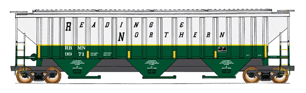 4750 Cubic Foot 3-Bay 18 Rib Covered Hopper - Ready to Run -- Reading & Northern RBMN (white, green, yellow)