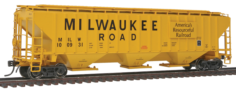 PS2CD 4750 Cubic Foot 3-Bay Covered Hopper - Ready to Run -- Milwaukee Road (Yellow, "America's Resourceful Railroad" Slogan)