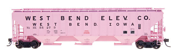 PS2CD 4750 Cubic Foot 3-Bay Covered Hopper - Ready to Run -- West Bend Elevator Co. West Bend, Iowa NAHX (pink w/black Lettering)