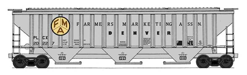PS2CD 4750 Cubic Foot 3-Bay Covered Hopper - Ready to Run -- Farmers Marketing Association FMA PLCX (gray, yellow, red)