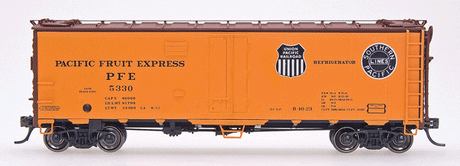 R-40-23 Steel Ice Reefer - Ready to Run -- Pacific Fruit Express (orange, Boxcar Red, SP Lines & UP black & white Logo)