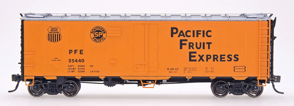 R-40-23 Steel Ice Reefer - Ready to Run -- Pacific Fruit Express (orange, Boxcar Red, silver, Modern Gothic Lettering )
