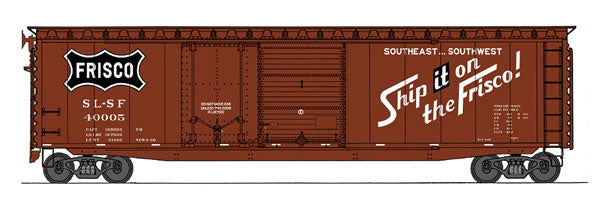 50' PS-1 Plug & Sliding-Door Boxcar - Ready to Run -- St. Louis-San Francisco (Boxcar Red, black, Ship it on Frisco Slogan)