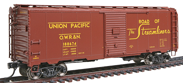 1937 AAR 40' Boxcar - Ready to Run -- Union Pacific/OWR&N (Boxcar Red, Road of the Streamliners Slogan)