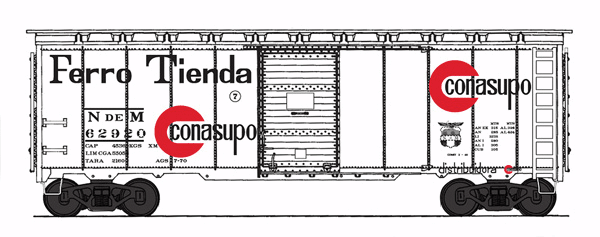 Post-War 10' Inside-Height 40' Boxcar - Ready to Run -- Nacionales de Mexico NdeM (Conasupo Ferrotienda, white, red, Spanish Letteri