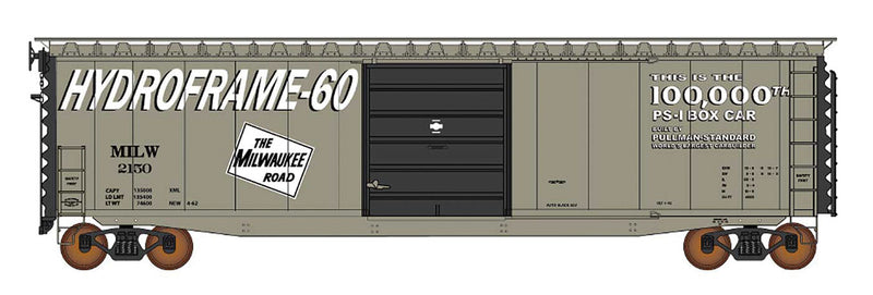 50' PS-1 Single Door Boxcar w/Cushion Underframe - Ready to Run -- Milwaukee Road #2150 (gray, black, Hydroframe 60, 100,000th PS-1 Markings)