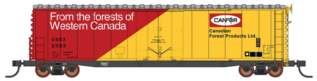 50' PS-1 Single Door Boxcar w/Cushion Underframe - Ready to Run -- Canadian Forest Products Canfor USEX (yellow, red)