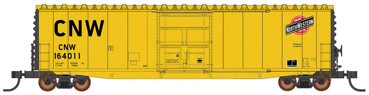 50' PS-1 Single Door Boxcar w/Cushion Underframe - Ready to Run -- Chicago & North Western (Post 1982, yellow, black, red, System Logo)