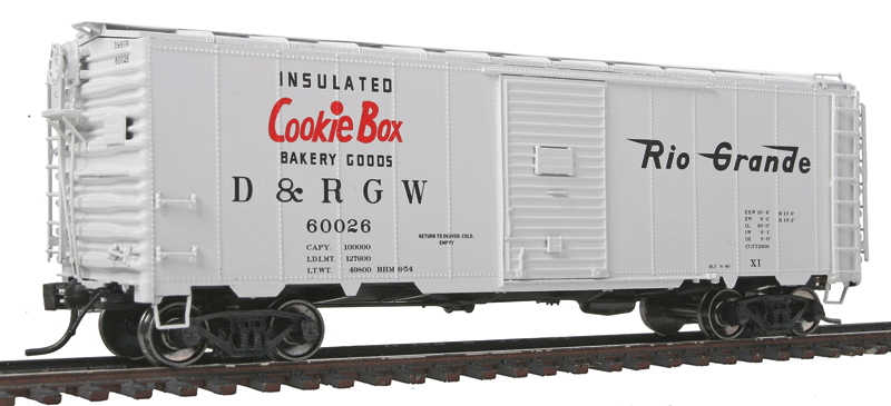 40' 12-Panel Boxcar - Ready to Run -- Denver & Rio Grande Western (Cookie Box Scheme, white, black, red)