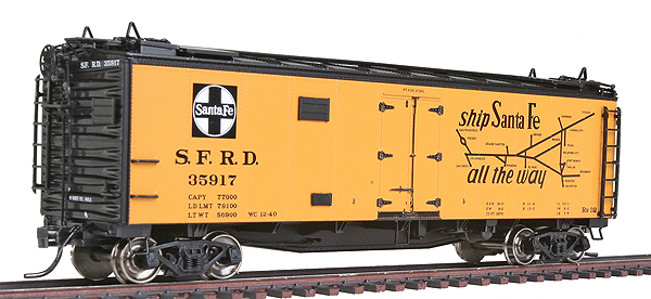 Santa Fe 40' Steel Ice Reefer - Ready to Run -- Santa Fe (orange, black, Chief, All the Way Map on Reverse Side)