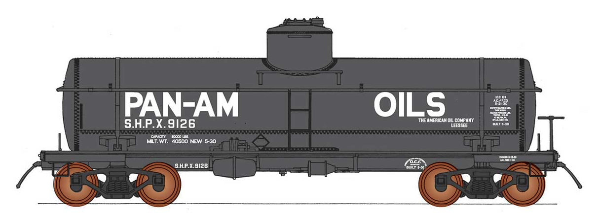 ACF Type 27 Riveted 8,000-Gallon Tank Car - Ready to Run -- Pan-Am Oils SHPX (black, white)-2