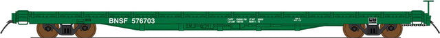 60' Wood-Deck Flatcar - Ready to Run -- BNSF Railway (1980s, Cascade Green, No Logo)