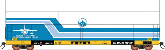 Sky Box Aerospace Flatcar with Cover - Ready to Run -- TTX JTTX (yellow, black, Lockheed S-3A Cover, white, blue)