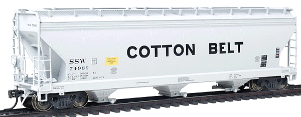 ACF 4650 Cubic Foot 3-Bay Covered Hopper - Ready to Run -- Cotton Belt (light gray, black lettering)-1