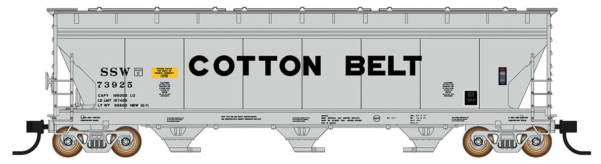 ACF 4650 Cubic Foot 3-Bay Covered Hopper - Ready to Run -- Cotton Belt (light gray, black lettering)-2