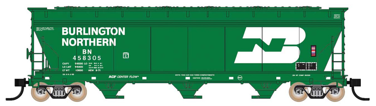 ACF 4650 Cubic Foot 3-Bay Covered Hopper - Ready to Run -- Burlington Northern (Early 1971, Large Stretched Logo, Cascade Green, white)