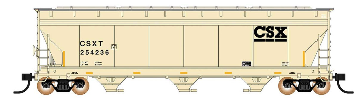 ACF 4650 Cubic Foot 3-Bay Covered Hopper - Ready to Run -- CSXT (tan w/black Markings)