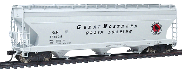 ACF 4650 Cubic Foot 3-Bay Covered Hopper - Ready to Run -- Great Northern (1966, gray, black, Slanted Lettering, red Rocky Logo)