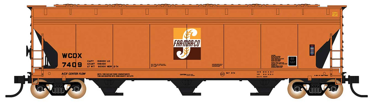 ACF 4650 Cubic Foot 3-Bay Covered Hopper - Ready to Run -- Far-Mar-Co (orange, black, brown)-2