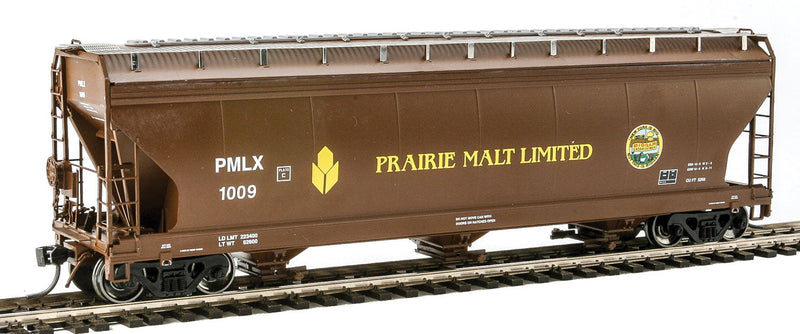 ACF 4650 Cubic Foot 3-Bay Covered Hopper - Ready to Run -- Prairie Malt Limited (green-brown, yelllow)