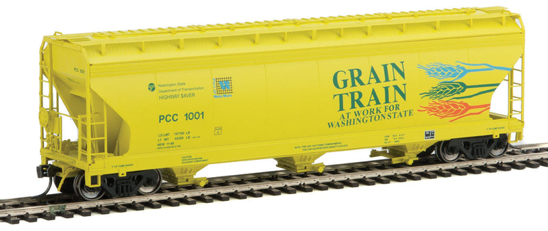 ACF 4650 Cubic Foot 3-Bay Covered Hopper - Ready to Run -- Palouse & Coulee City/State of Washington (Grain Train Scheme, yellow)
