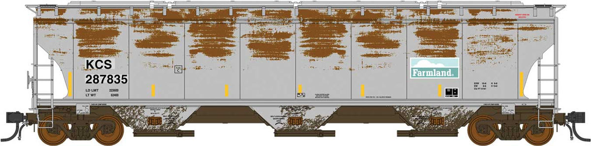 Trinity 5161 3-Bay Covered Hopper - Ready to Run -- Kansas City Southern (Weathered, Ex-Farmland Patched, gray, yellow conspicui