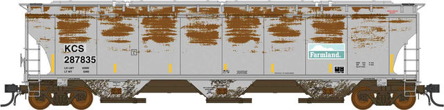 Trinity 5161 3-Bay Covered Hopper - Ready to Run -- Kansas City Southern (Weathered, Ex-Farmland Patched, gray, yellow conspicui
