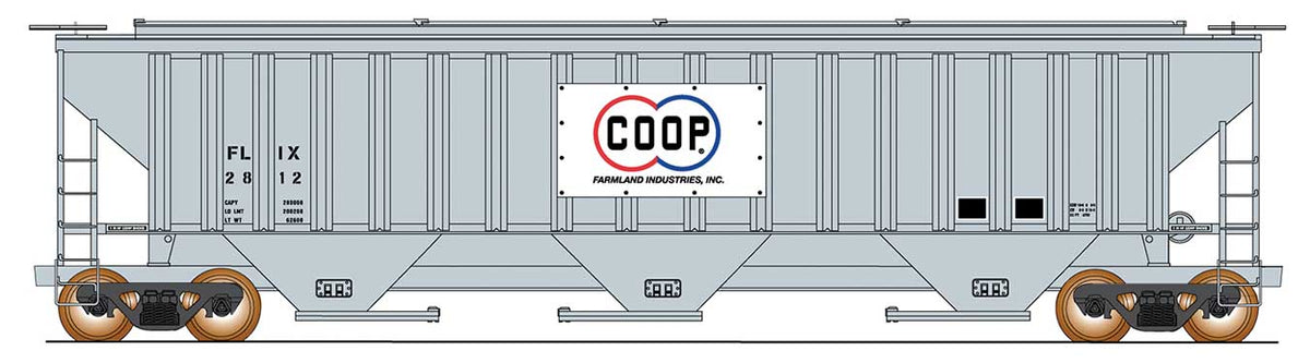Trinity Rib-Side Covered Hopper - Ready to Run -- Farmland Industries COOP FLIX (gray, white, blue, red)