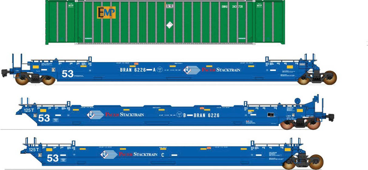 Maxi IV 3-Unit Well Car Set Early with 53' Containers -Ready to Run -- Pacer Stacktrain BRAN #6215 (blue, white, red, EMP green Containers)