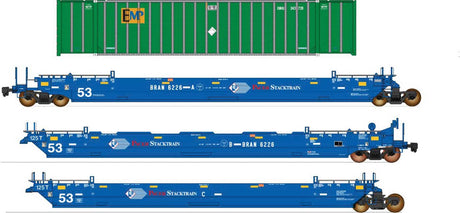 Maxi IV 3-Unit Well Car Set Early with 53' Containers -Ready to Run -- Pacer Stacktrain BRAN #6215 (blue, white, red, EMP green Containers)
