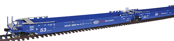Maxi IV Intermodal Well Car 3-Unit Set Early Version - Ready to Run -- Pacer Stacktrain BRAN (blue, white, red)-1