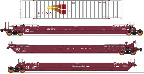 Maxi IV 3-Unit Well Car Set Early with 53' Containers -Ready to Run -- Arkansas-Oklahoma AOK #55300 (Boxcar Red, STAX Containers)