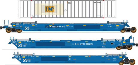 Maxi IV 3-Unit Well Car Set Early with 53' Containers -Ready to Run -- TTX #888354 (Ex-BRAN, blue, white, EMP white Containers)