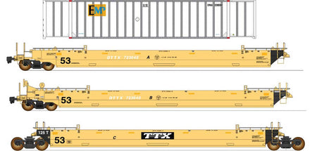 Maxi IV 3-Unit Well Car Set Early with 53' Containers -Ready to Run -- TTX #723444 (yellow, black, EMP Containers, white roadnumber)