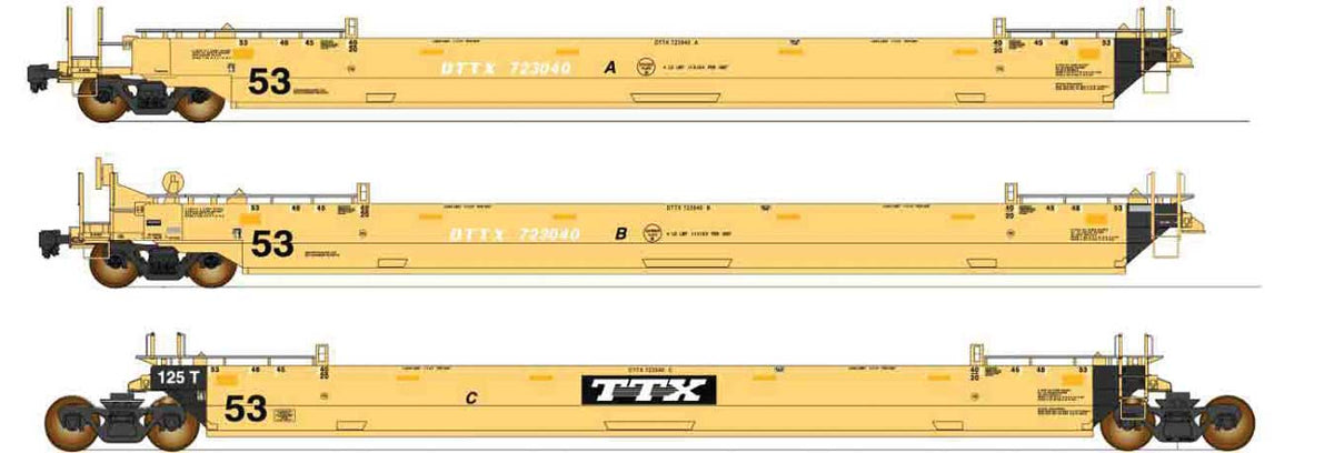 Maxi IV Intermodal Well Car 3-Unit Set Early Version -Ready to Run -- TTX #723444 (yellow, black, white roadnumber)