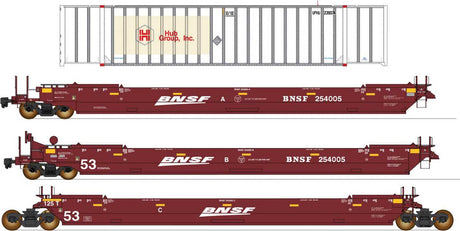Maxi IV 3-Unit Well Car Set Early with 53' Containers -Ready to Run -- BNSF Railway #254003 (Boxcar Red, white, Wedge Logo, HUB Containers)