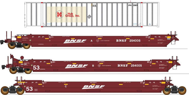 Maxi IV 3-Unit Well Car Set Early with 53' Containers -Ready to Run -- BNSF Railway #254003 (Boxcar Red, white, Wedge Logo, HUB Containers)