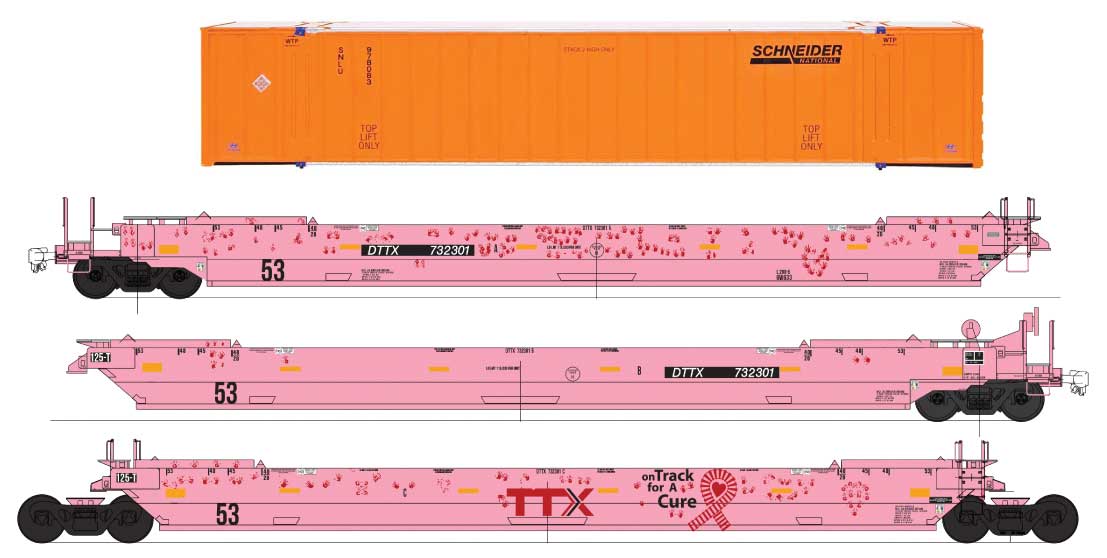Maxi IV Stack 3-Car Set w/6 53' Containers- Ready to Run -- TTX DTTX #732301 (Breast Cancer Awareness, pink, red, Schneider Containers)
