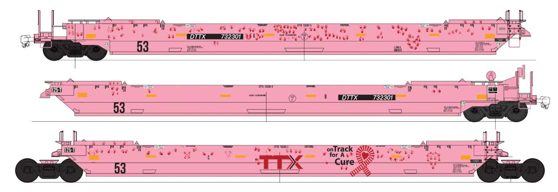 Maxi IV Stack 3-Car Articulated Set - Ready to Run -- TTX DTTX #732301 (Breast Cancer Awareness, pink, red)