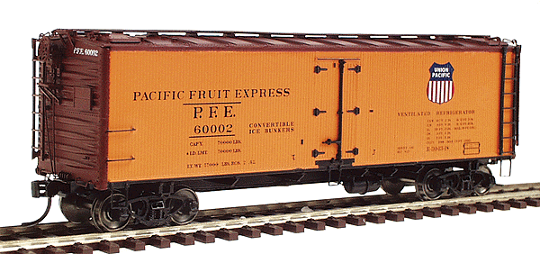 PFE Class R-30-18 40' Wood Reefer w/Steel Roof & Ends - Ready to Run -- Pacific Fruit Express (Single Logo Scheme, SP, UP Logo on Opposite Sides)