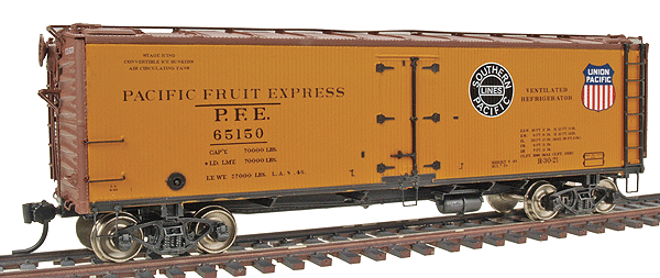 PFE Class R-30-21 40' Wood Reefer w/Steel Roof & Ends - Ready to Run -- Pacific Fruit Express (orange, Double Logo)