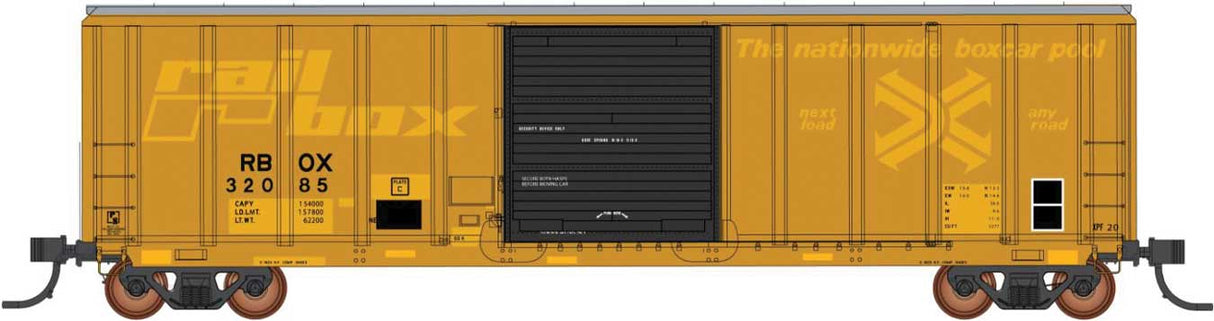 Pullman-Standard 5277 Cu.Ft. Exterior-Post Boxcar - Ready to Run -- Railbox (Weathered, Faded, Patched, yellow, black)