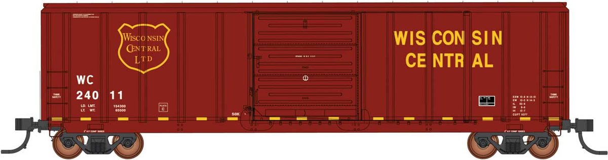 Pullman-Standard 5277 Cu.Ft. Exterior-Post Boxcar - Ready to Run -- Wisconsin Central (maroon, gold)