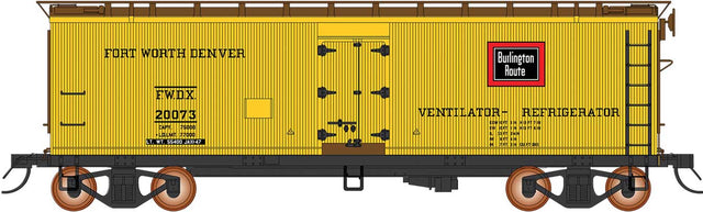 Fruit Growers Express Wood Refrigerator Car - Ready to Run -- Fort Worth & Denver (yellow, Boxcar Red, CB&Q Logo)